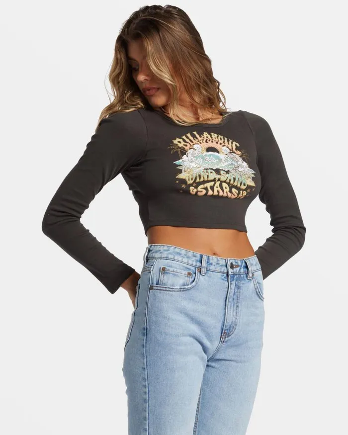 Billabong Graphic Tees and Tanks Stars In Your Eyes Long Sleeve Cropped Tshirt Off Black 8211 Women Billabong Graphic Tees and Tanks Stars In Your Eyes Long Sleeve Cropped Tshirt Off Black 8211 Women