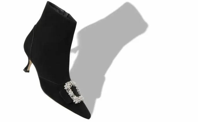 Boots Women Manolo Blahnik BAYLOW JEWELBlack Suede Crystal Buckle Ankle Boots