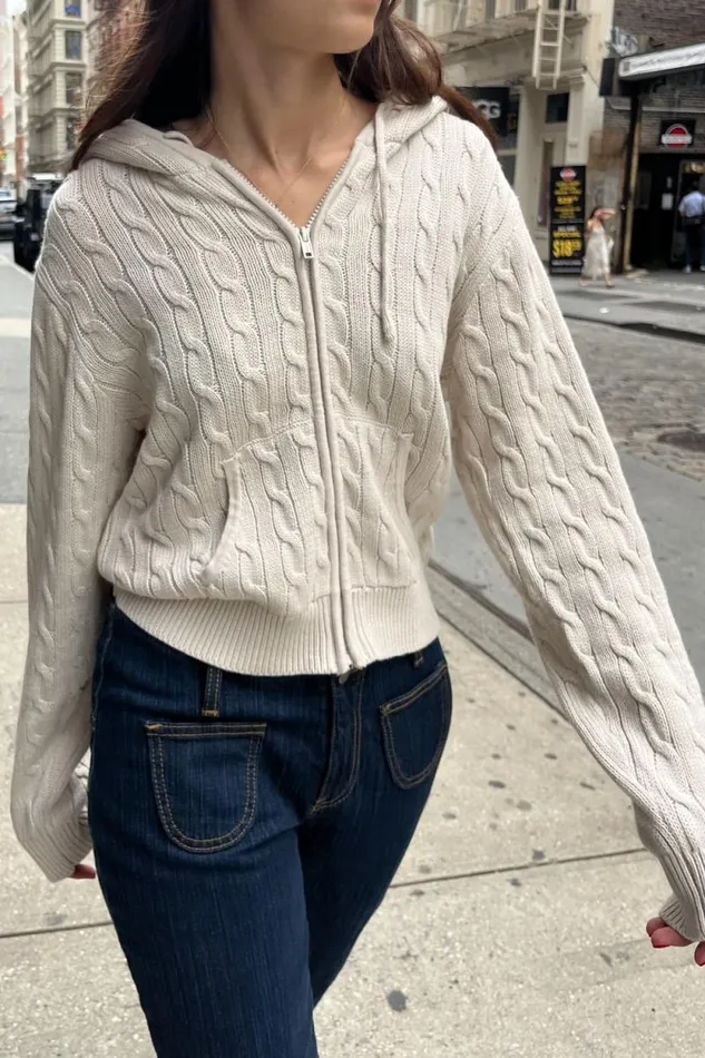 Brandy Melville Sweaters Ayla Cable Knit ZipUp Sweater Cream 8211 Women