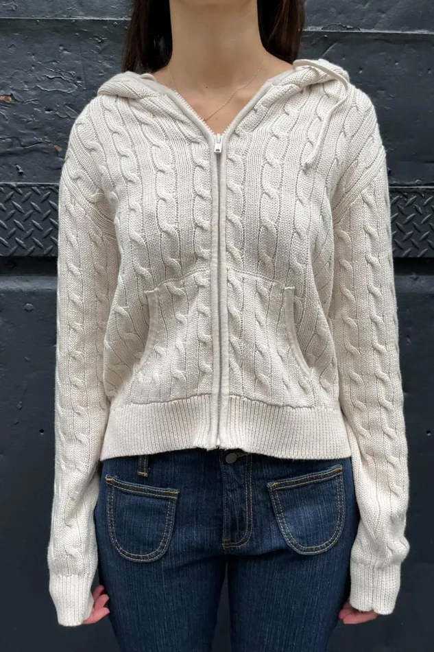 Brandy Melville Sweaters Ayla Cable Knit ZipUp Sweater Cream 8211 Women