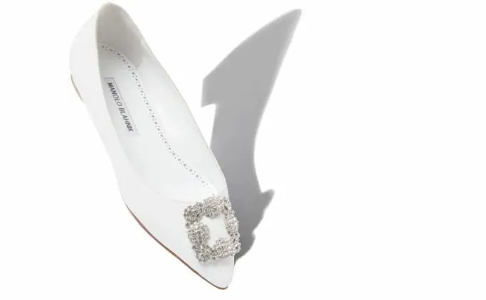 Bridal Shoes Women Manolo Blahnik HANGISIFLATWhite Calf Leather Jewel Buckle Flat Pumps Bridal Shoes Women Manolo Blahnik HANGISIFLATWhite Calf Leather Jewel Buckle Flat Pumps