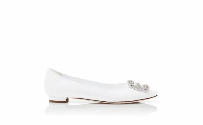 Bridal Shoes Women Manolo Blahnik HANGISIFLATWhite Calf Leather Jewel Buckle Flat Pumps Bridal Shoes Women Manolo Blahnik HANGISIFLATWhite Calf Leather Jewel Buckle Flat Pumps