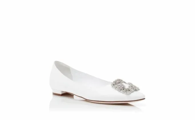 Bridal Shoes Women Manolo Blahnik HANGISIFLATWhite Calf Leather Jewel Buckle Flat Pumps Bridal Shoes Women Manolo Blahnik HANGISIFLATWhite Calf Leather Jewel Buckle Flat Pumps