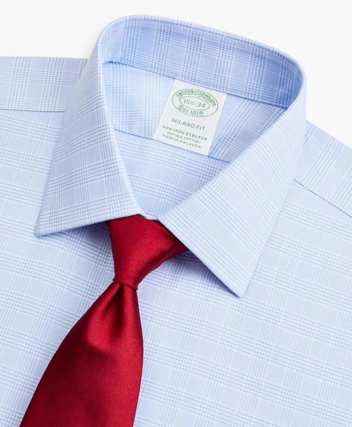 Brooks Brothers Dress Shirts Stretch Milano SlimFit Dress Shirt NonIron Royal Oxford Ainsley Collar Glen Plaid Light Blue 8211 Men