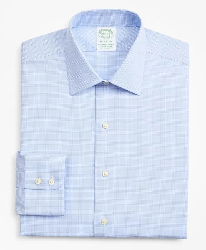 Brooks Brothers Dress Shirts Stretch Milano SlimFit Dress Shirt NonIron Royal Oxford Ainsley Collar Glen Plaid Light Blue 8211 Men