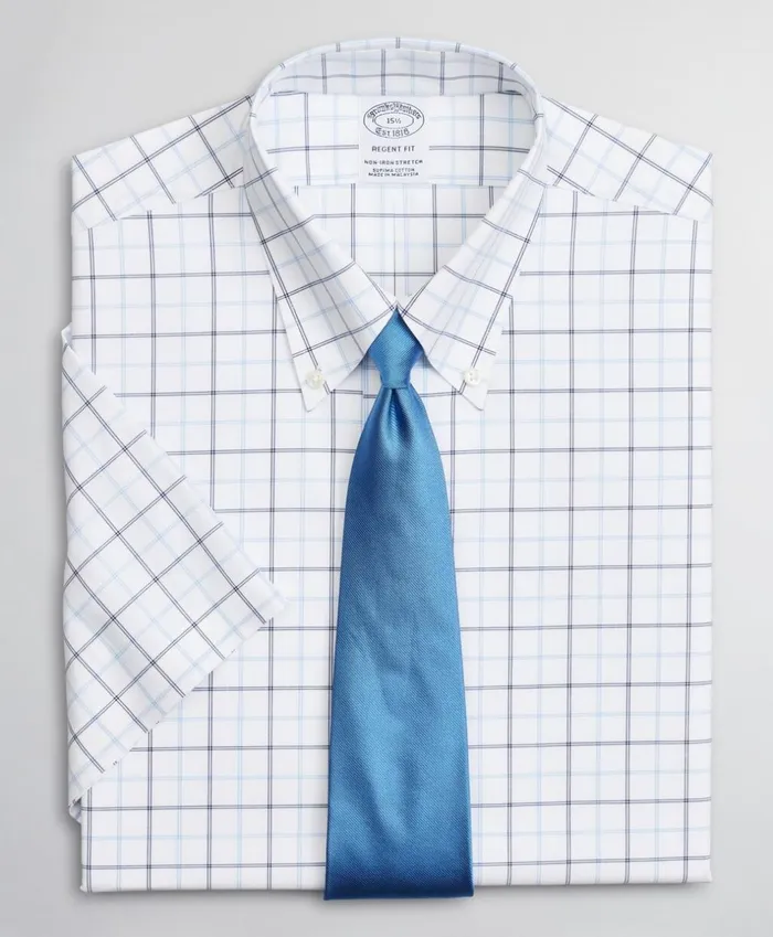Brooks Brothers Dress Shirts Stretch Regent Fitted Dress Shirt NonIron Twill ShortSleeve DoubleGrid Check Blue 8211 Men Brooks Brothers Dress Shirts Stretch Regent Fitted Dress Shirt NonIron Twill ShortSleeve DoubleGrid Check Blue 8211 Men