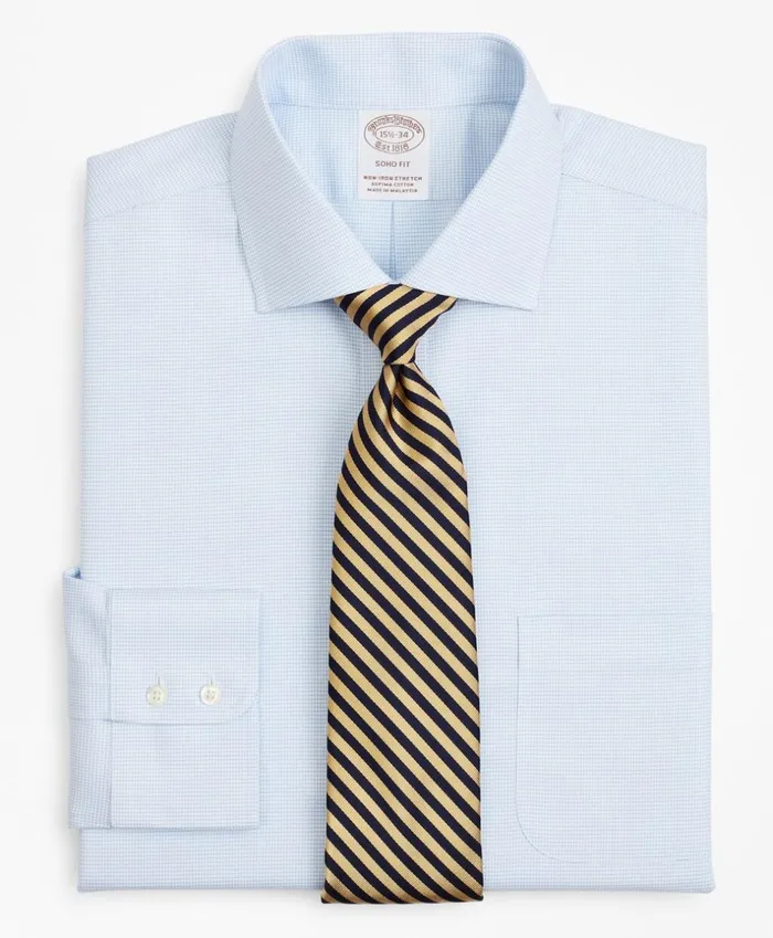 Brooks Brothers Dress Shirts Stretch Soho ExtraSlimFit Dress Shirt NonIron Twill English Collar MicroCheck Light Blue 8211 Men
