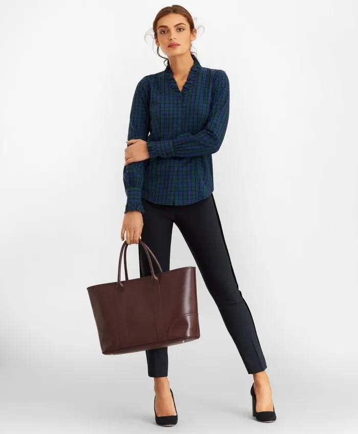 Brooks Brothers Petites Petite NonIron Black Watch Tartan Supima CottonBlend RuffleCollar Blouse Navygreen 8211 Women