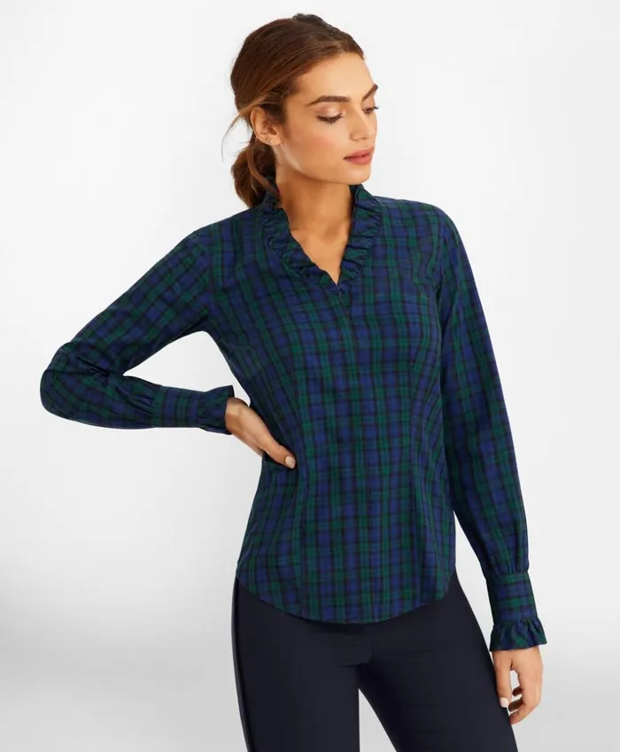 Brooks Brothers Petites Petite NonIron Black Watch Tartan Supima CottonBlend RuffleCollar Blouse Navygreen 8211 Women