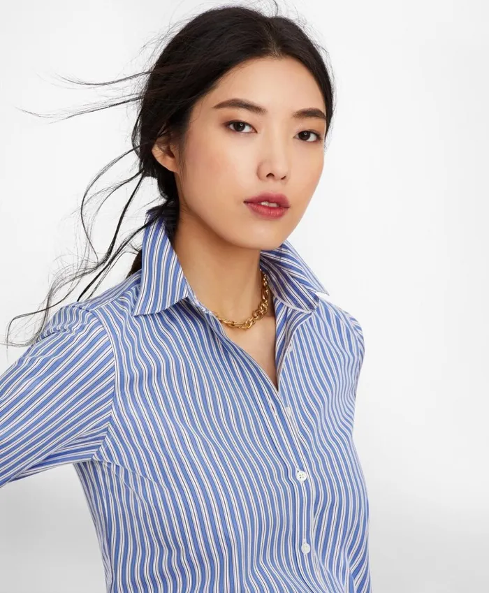 Brooks Brothers Shirts and Tops ClassicFit Striped Cotton Poplin Luxury Shirt Dark Blue 8211 Women