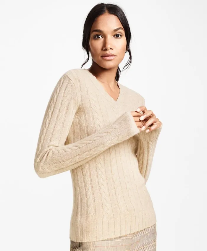 Brooks Brothers Sweaters CableKnit Cashmere VNeck Sweater Tan 8211 Women Brooks Brothers Sweaters CableKnit Cashmere VNeck Sweater Tan 8211 Women