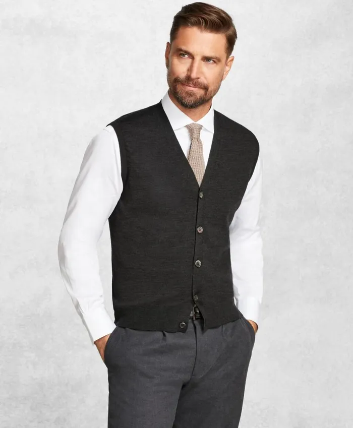 Brooks Brothers Sweaters Golden Fleece 3D Knit FineGauge Merino Button Vest Charcoal Heather 8211 Men Brooks Brothers Sweaters Golden Fleece 3D Knit FineGauge Merino Button Vest Charcoal Heather 8211 Men