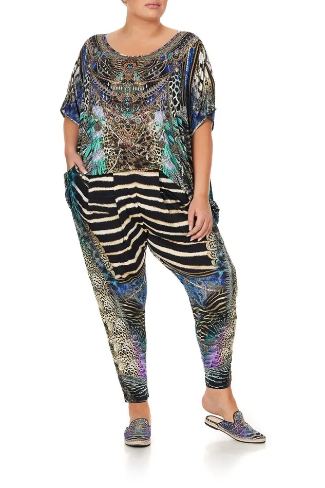 Camilla Extended Sizes Women Harem Pants With Front Pleats Animal Army