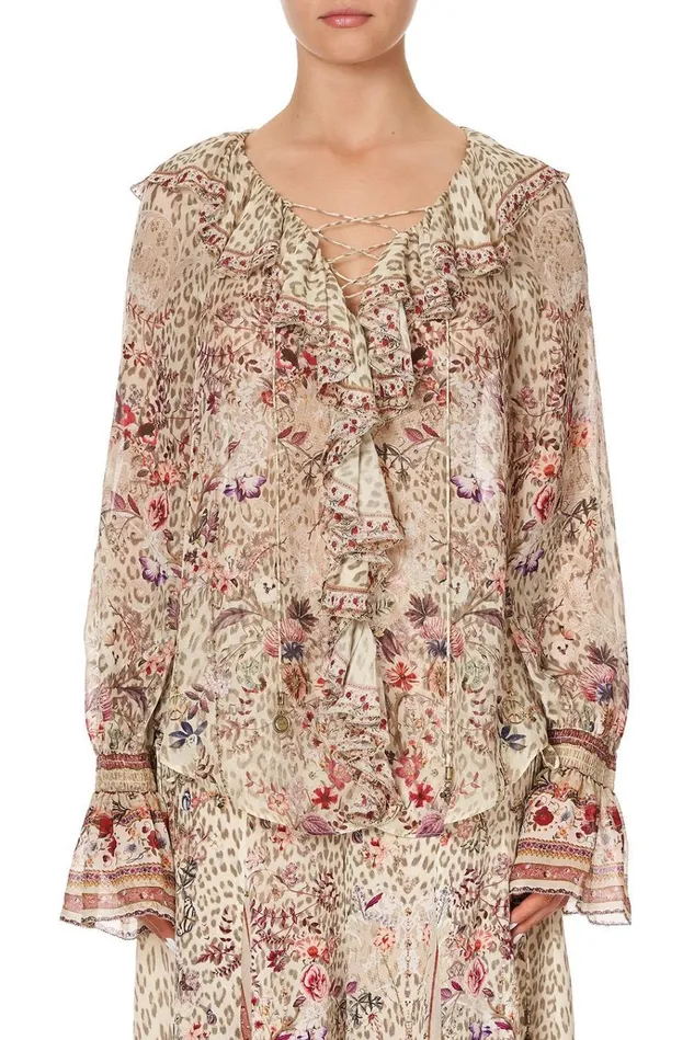 Camilla Modest Clothing Women Lace Up Ruffle Blouse Drifting Dreamer