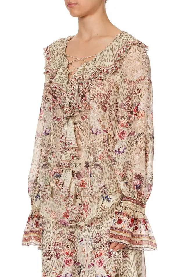 Camilla Modest Clothing Women Lace Up Ruffle Blouse Drifting Dreamer