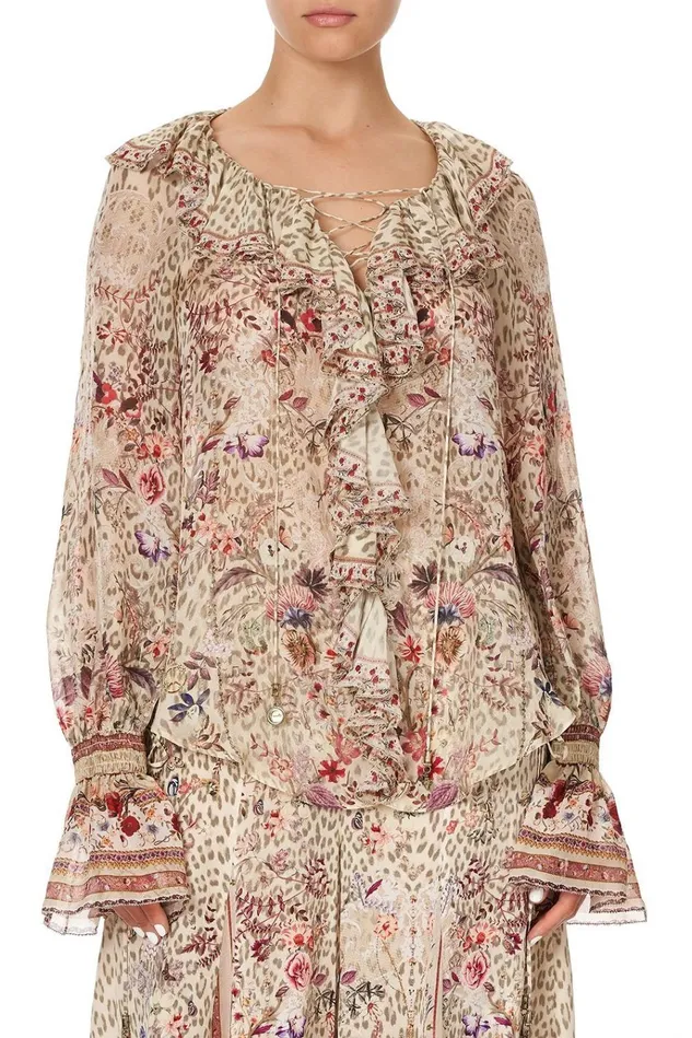 Camilla Modest Clothing Women Lace Up Ruffle Blouse Drifting Dreamer