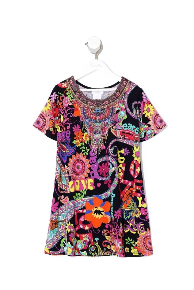 Camilla Party Dresses Women Kids Tshirt Dress With Flare Hem Peace Love And Hair