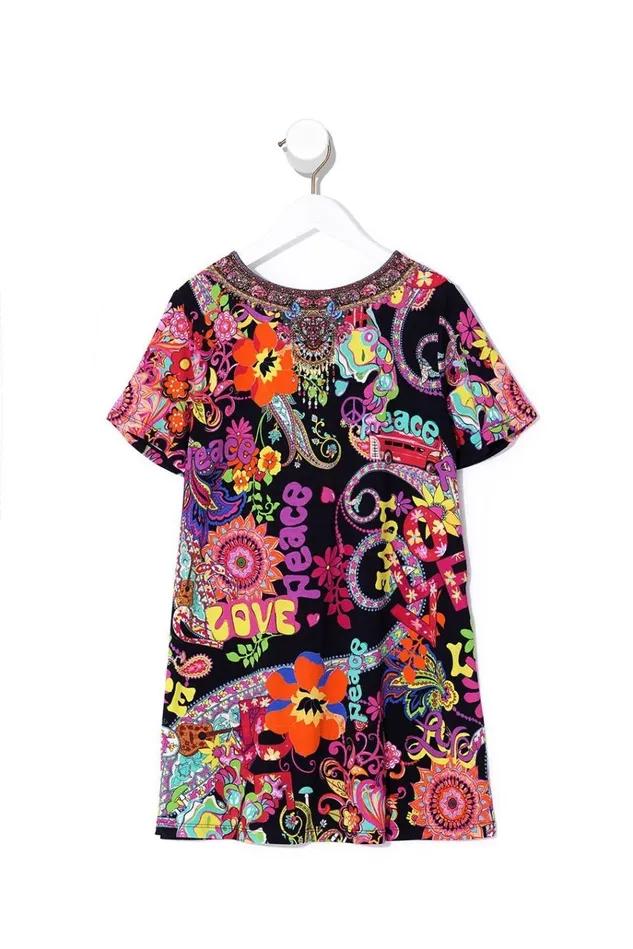Camilla Party Dresses Women Kids Tshirt Dress With Flare Hem Peace Love And Hair