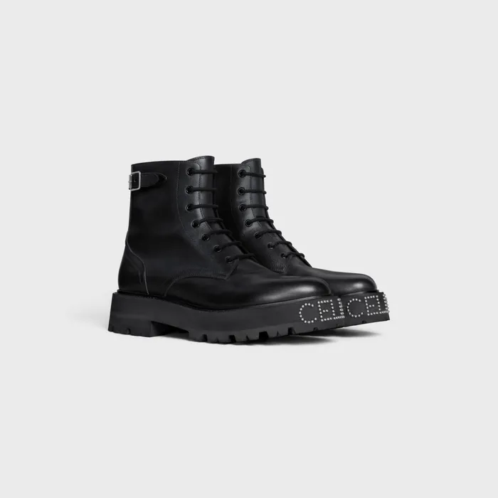 Celine Bulky LaceUp Boot With Studded Outsole In Shiny Bull Black Men CELINE BOOTS