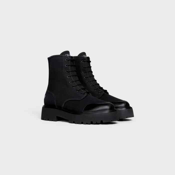 Celine Bulky LaceUp Boots In Canvas and Shiny Bull Black Men CELINE BOOTS
