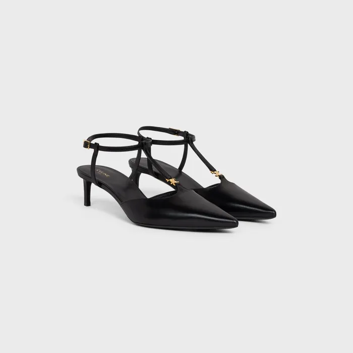 Celine Kitten Triomphe TBar Strap Pump In Calfskin Black Women CELINE PUMPS