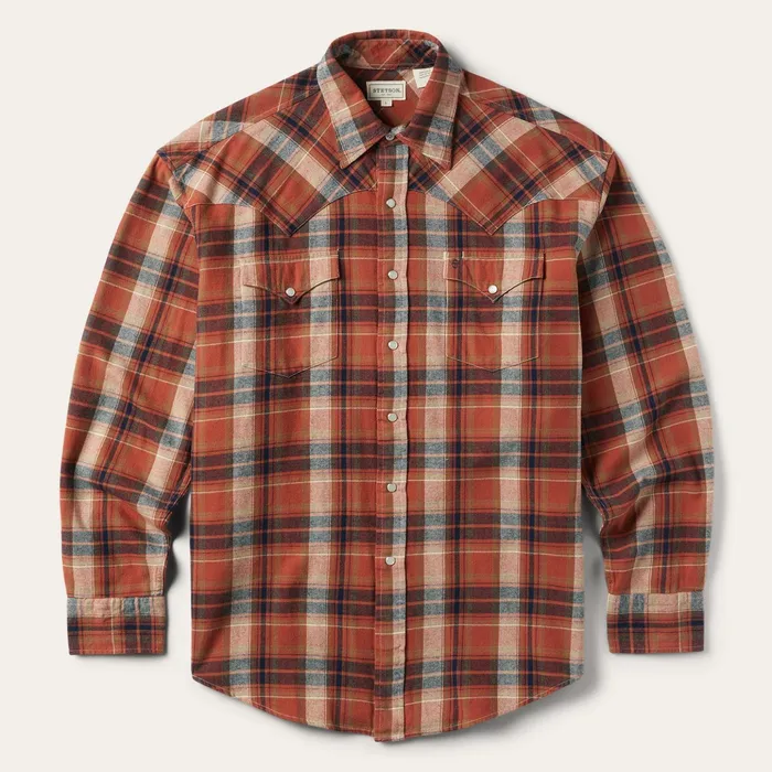 Classic Cut Men Stetson Brushed Twill Plaid Shirt Orange