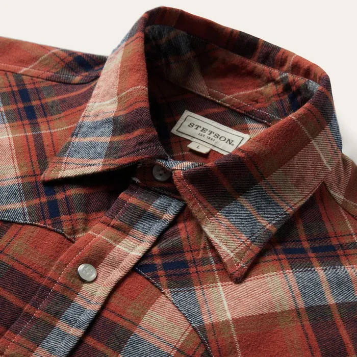 Classic Cut Men Stetson Brushed Twill Plaid Shirt Orange