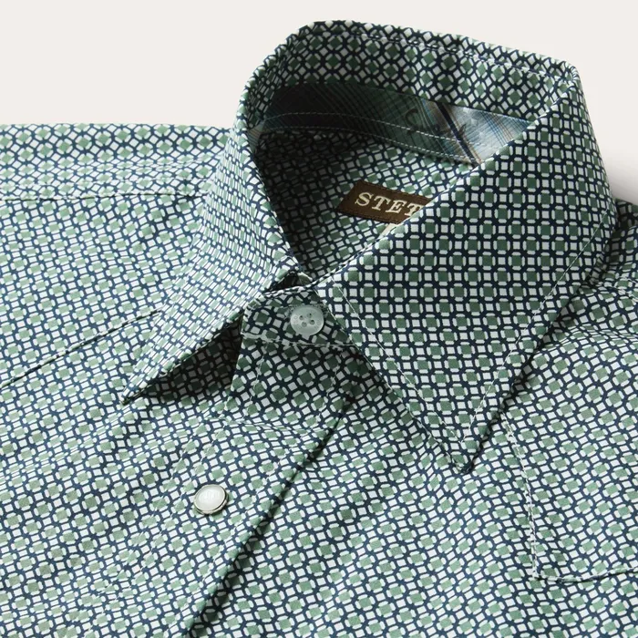 Classic Cut Men Stetson Circle Diamond Print Short Sleeve Western Shirt Green