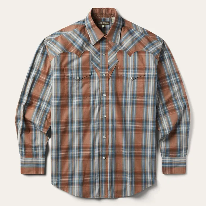 Classic Cut Men Stetson Rustic Plaid Western Shirt Brown