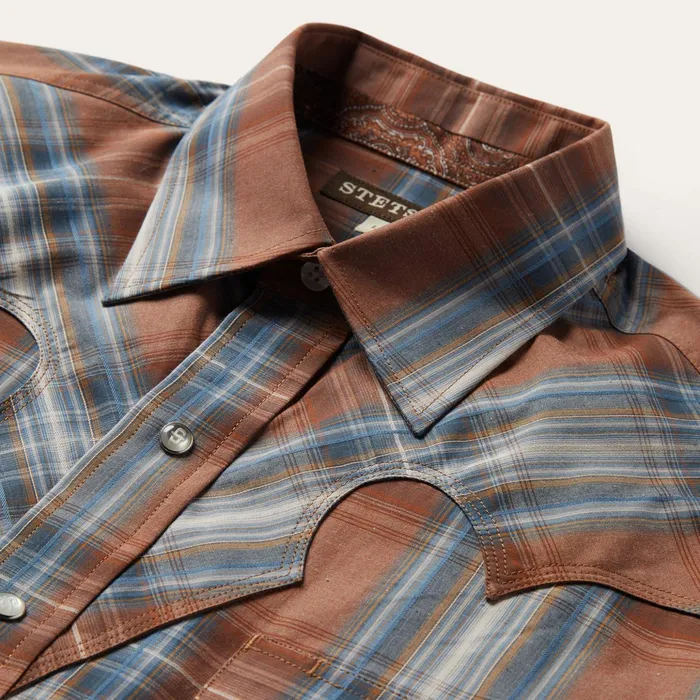 Classic Cut Men Stetson Rustic Plaid Western Shirt Brown