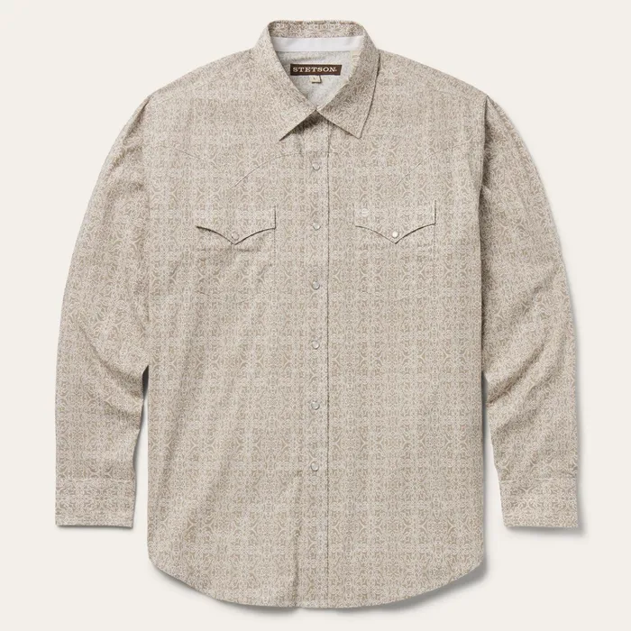 Classic Cut Men Stetson Sand Medallion Print Western Shirt Brown