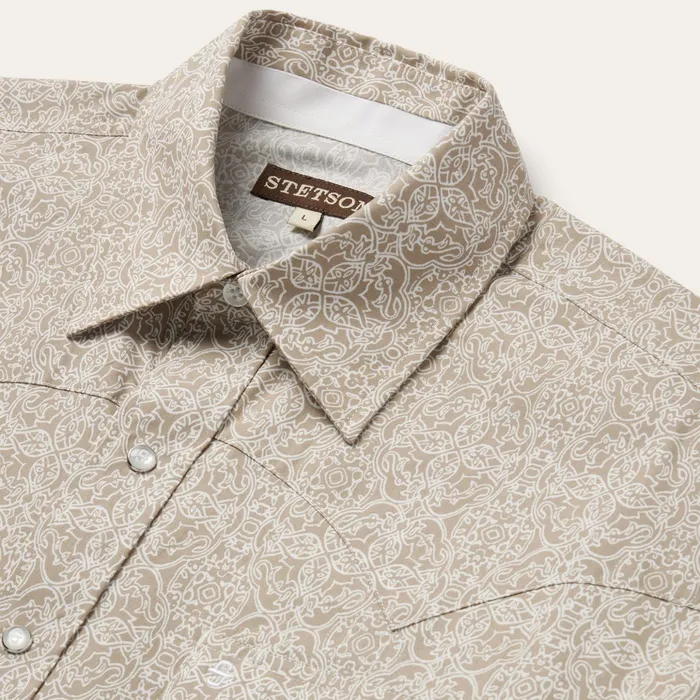 Classic Cut Men Stetson Sand Medallion Print Western Shirt Brown