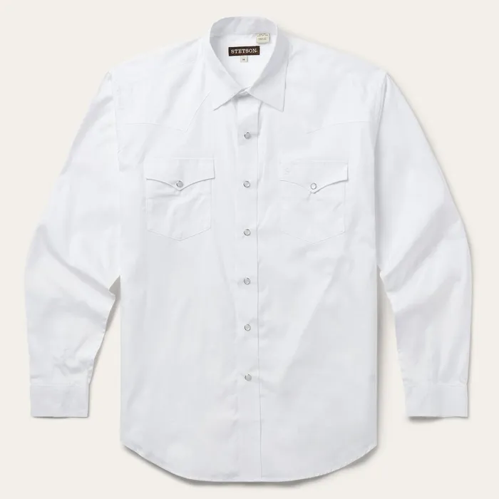 Classic Cut Men Stetson White Pinpoint Oxford Western Shirt White