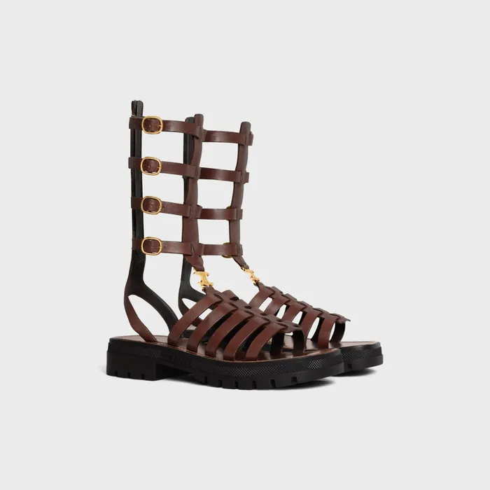 Clea Triomphe Gladiator Mid Sandal In Calfskin and Vegetal Tanning Dark Brown Women CELINE SANDALS