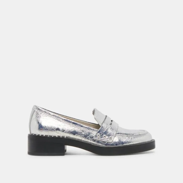 Dolce Vita Aliane Loafers Silver Distressed Leather Women Flats and Loafers