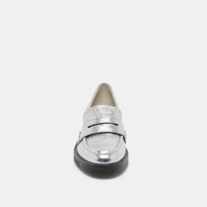 Dolce Vita Aliane Loafers Silver Distressed Leather Women Flats and Loafers