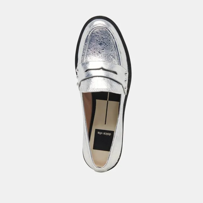 Dolce Vita Aliane Loafers Silver Distressed Leather Women Flats and Loafers