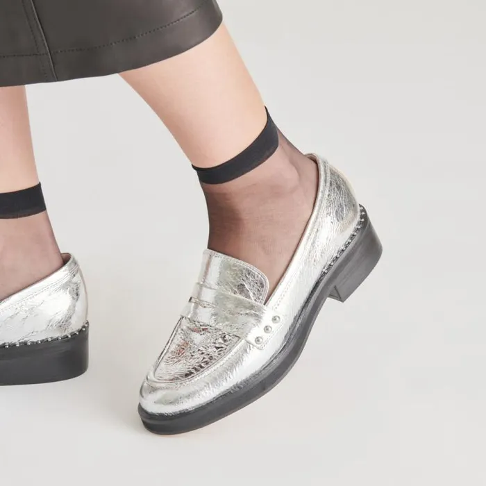 Dolce Vita Aliane Loafers Silver Distressed Leather Women Flats and Loafers
