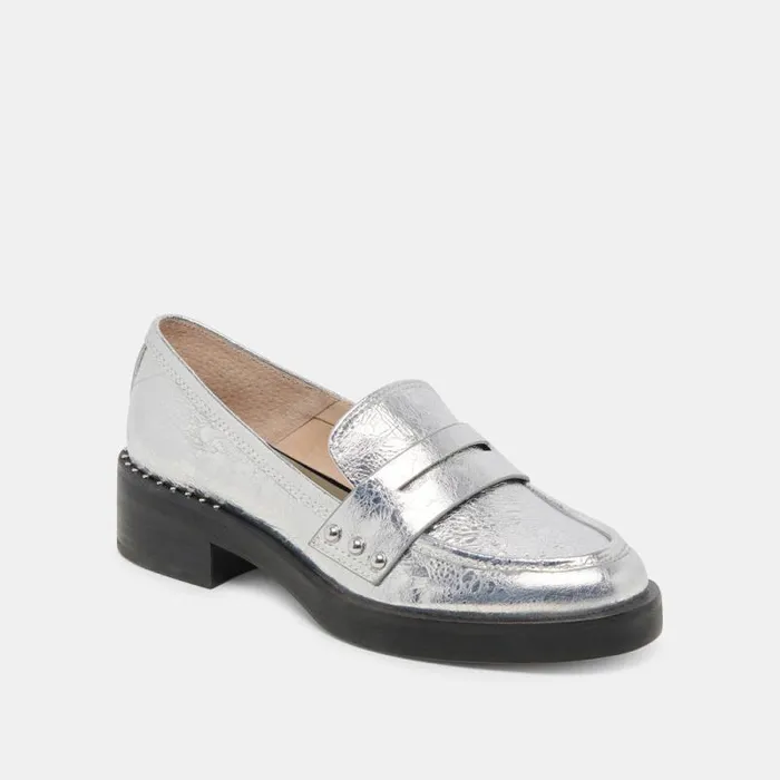 Dolce Vita Aliane Loafers Silver Distressed Leather Women Flats and Loafers