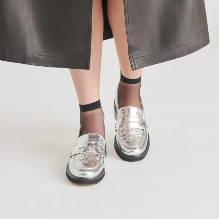 Dolce Vita Aliane Loafers Silver Distressed Leather Women Flats and Loafers