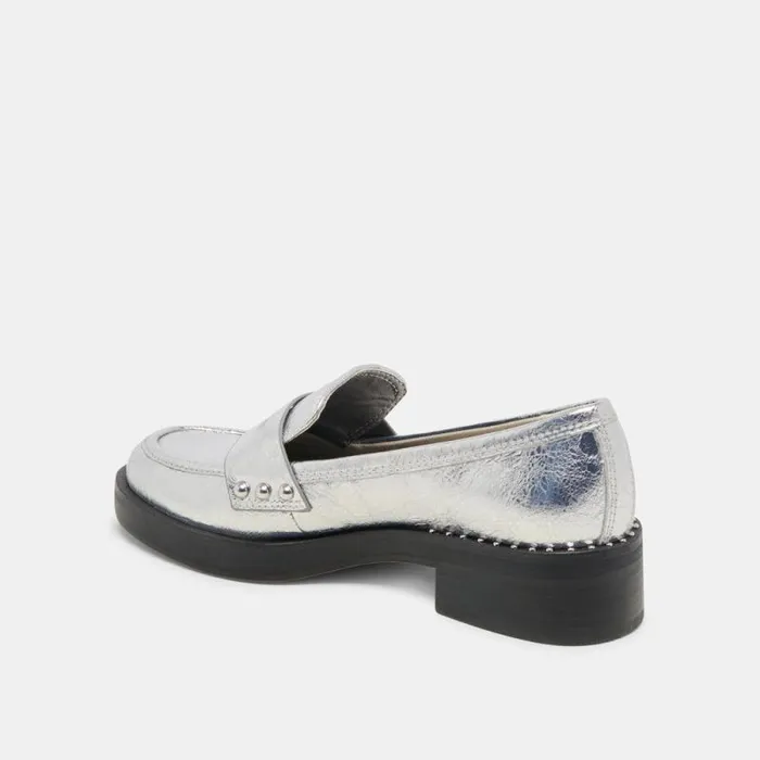 Dolce Vita Aliane Loafers Silver Distressed Leather Women Flats and Loafers