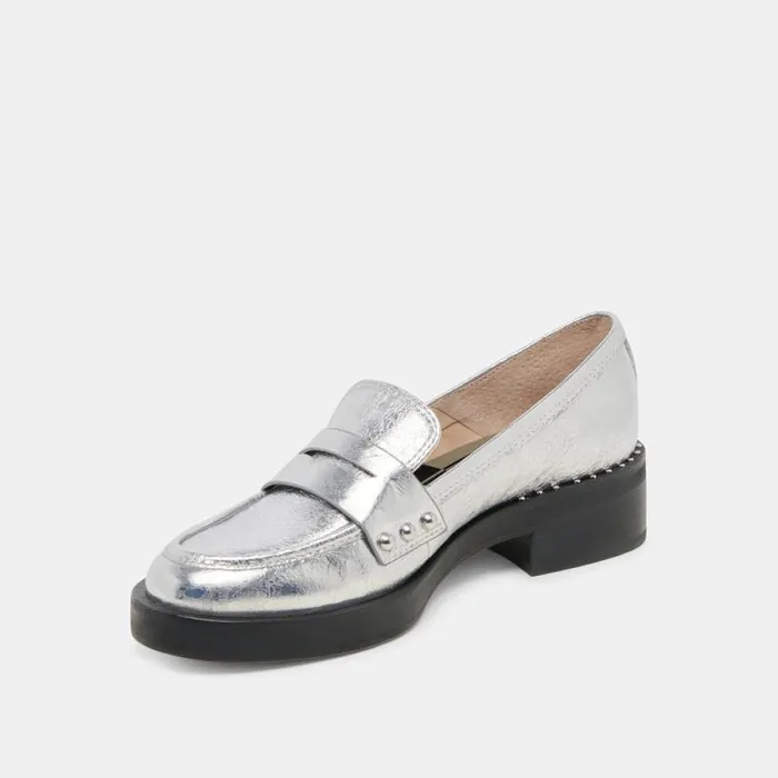 Dolce Vita Aliane Loafers Silver Distressed Leather Women Flats and Loafers