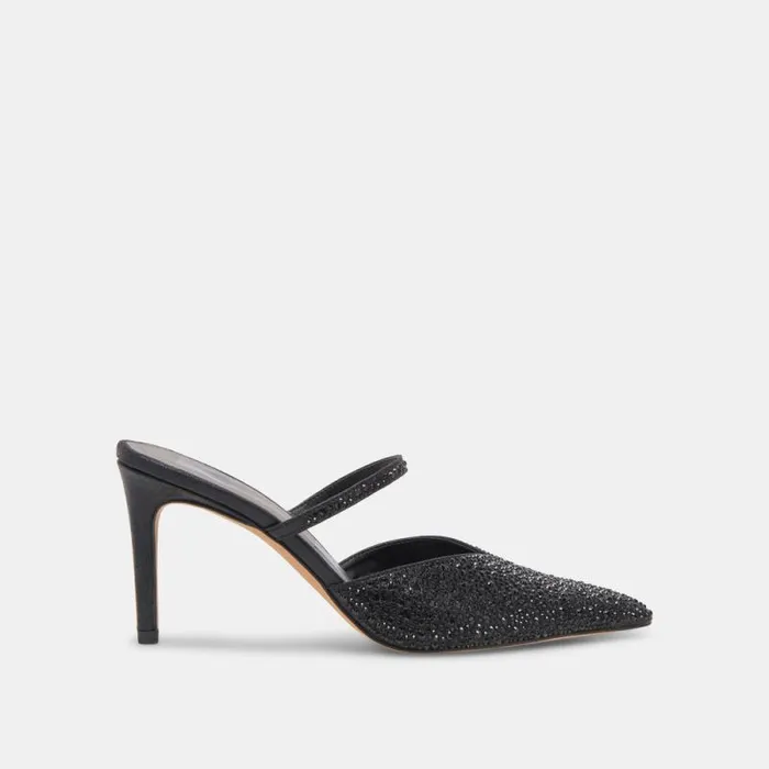 Dolce Vita Kanika Crystal Heels Black Metallic Fabric Women Mules and Clogs