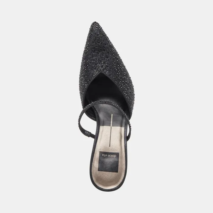 Dolce Vita Kanika Crystal Heels Black Metallic Fabric Women Mules and Clogs