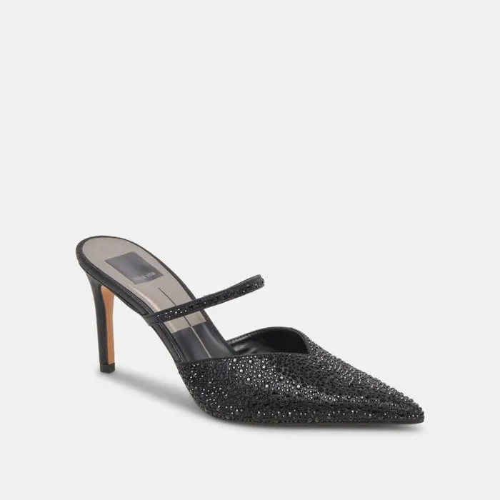 Dolce Vita Kanika Crystal Heels Black Metallic Fabric Women Mules and Clogs