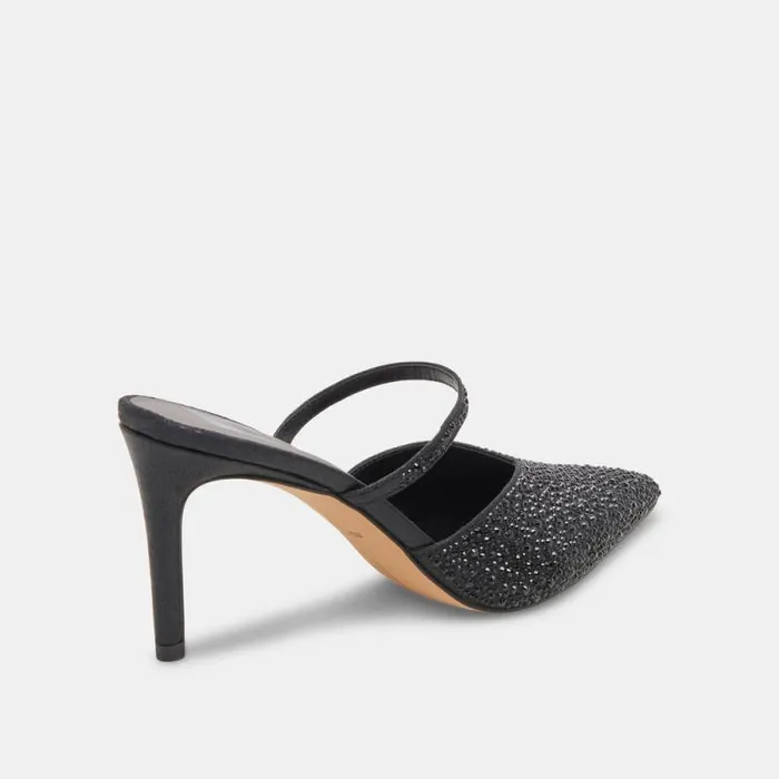 Dolce Vita Kanika Crystal Heels Black Metallic Fabric Women Mules and Clogs