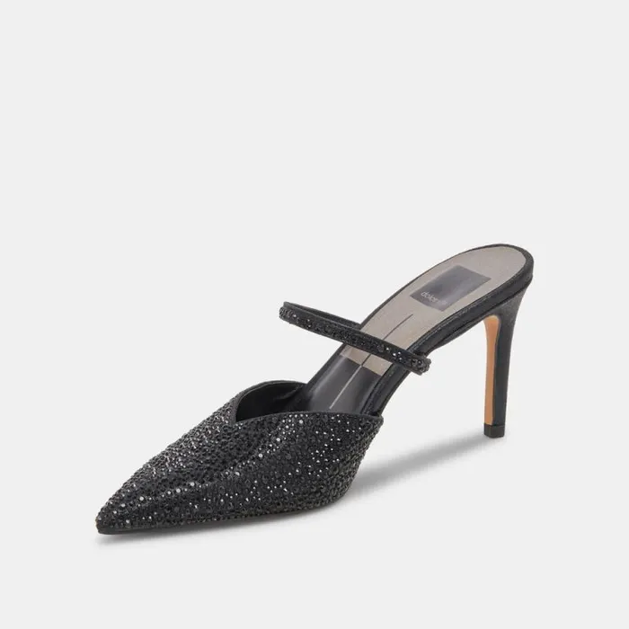 Dolce Vita Kanika Crystal Heels Black Metallic Fabric Women Mules and Clogs