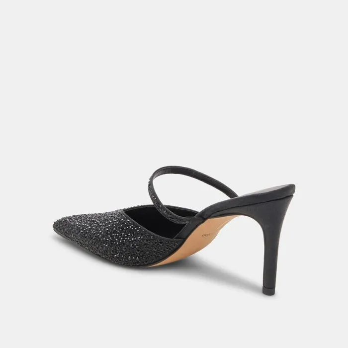 Dolce Vita Kanika Crystal Heels Black Metallic Fabric Women Mules and Clogs