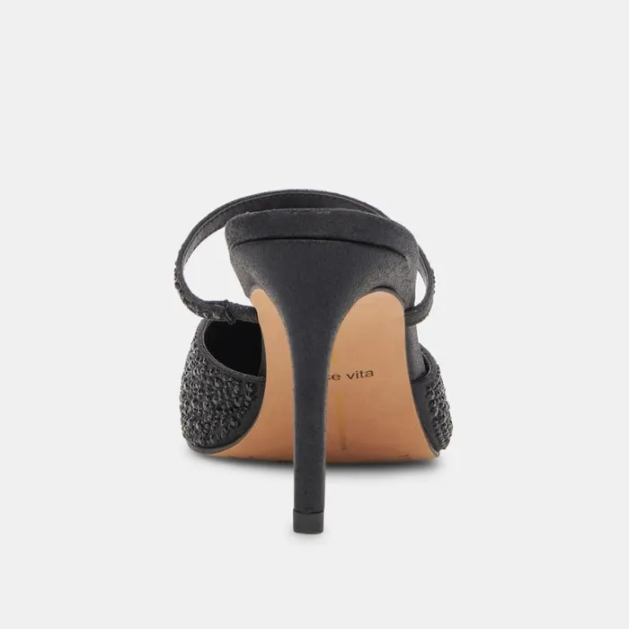 Dolce Vita Kanika Crystal Heels Black Metallic Fabric Women Mules and Clogs
