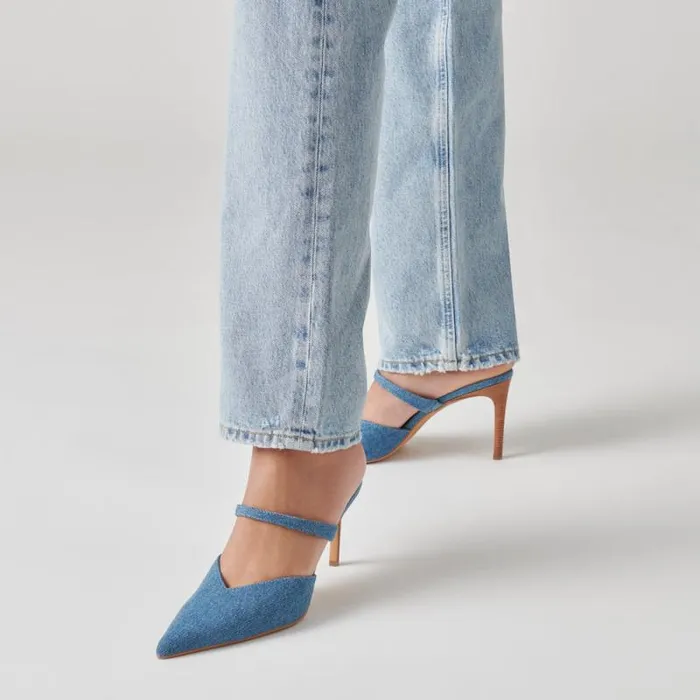 Dolce Vita Kanika Heels Blue Denim Women Mules and Clogs